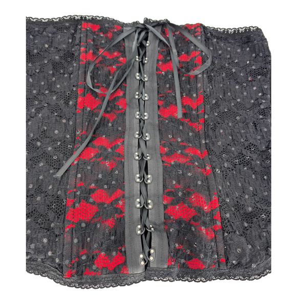 VTG Y2K Red Black Lace Rhinestone Sequin Lace Up Corset Mesh Goth Burlesque XL - Picture 3 of 8